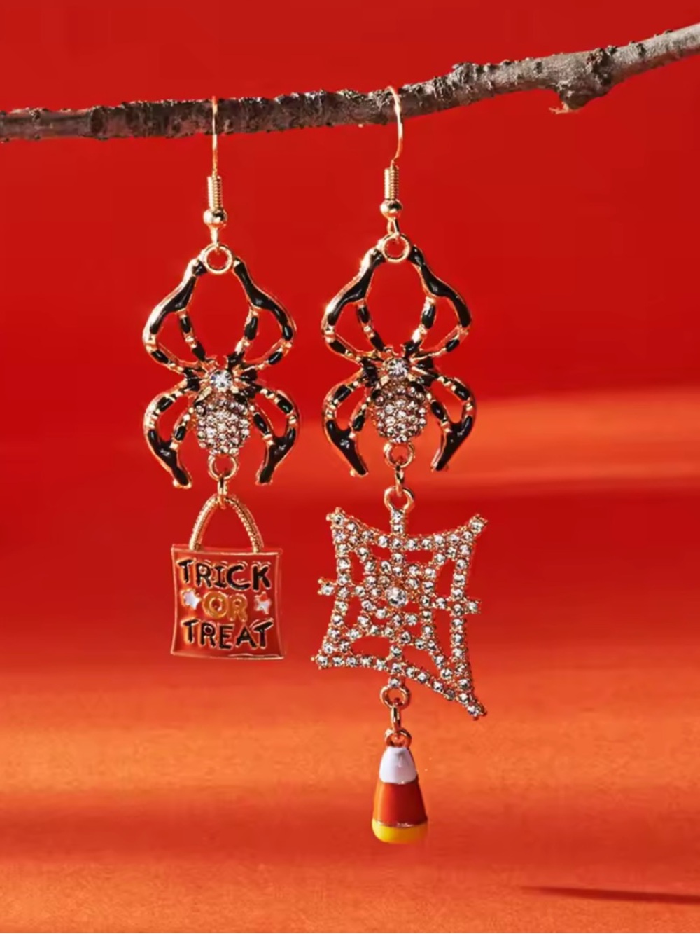 Halloween Spider Dangle Earrings with 'Trick or Treat' Charm